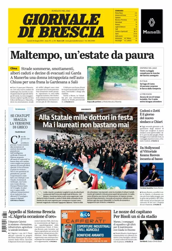 Prima-pagina-giornale di brescia-oggi-edizione-del-2024-06-24